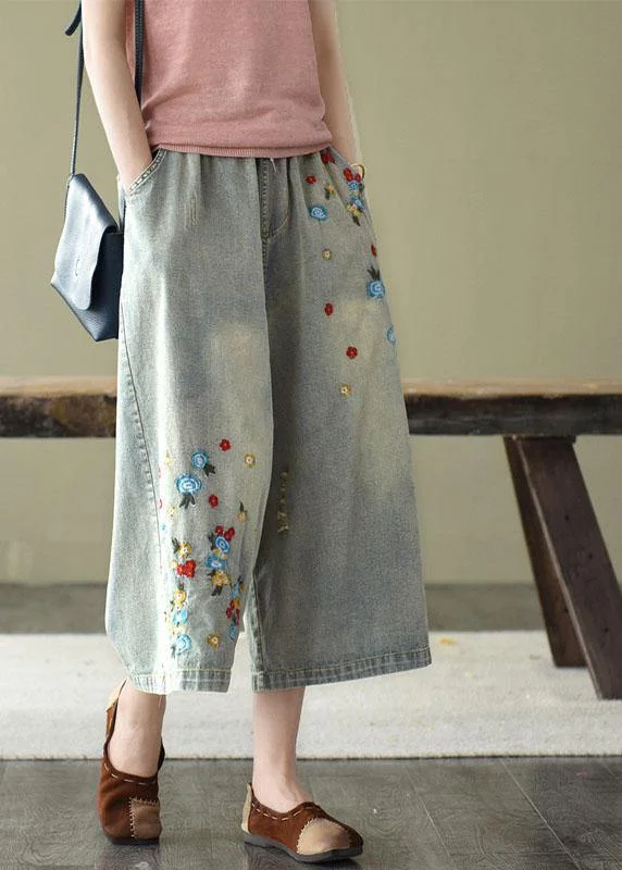 Comfy Grey Embroideried Wide Leg denim Pants For Women