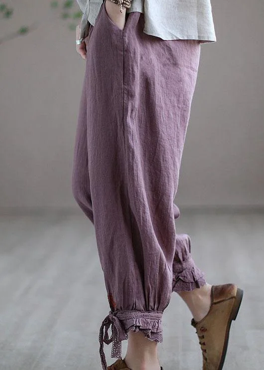 Diy Purple Casual Embroideried Summer Harem Linen Pants