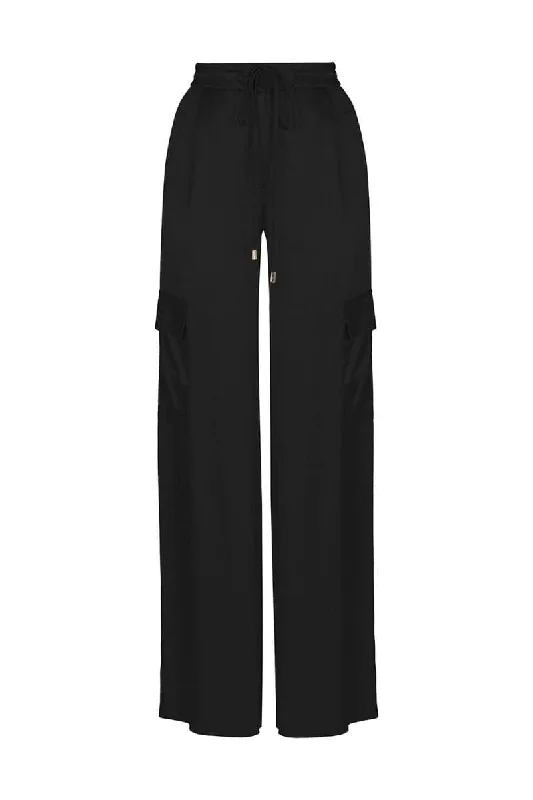 MIDNIGHT BLACK WIDE-LEG SATIN PANTS