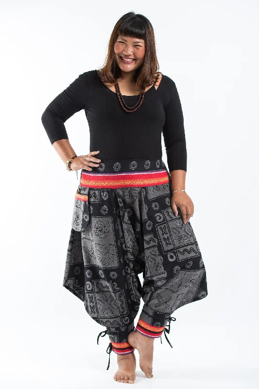 Plus Size Black and Gray Thai Hill Tribe Fabric Women Harem Pants with Ankle Straps