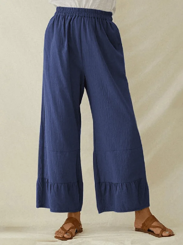 Women Cotton Plain Ruffle Cuff Elastic Waist Loose Casual Solid Wide Leg Pants